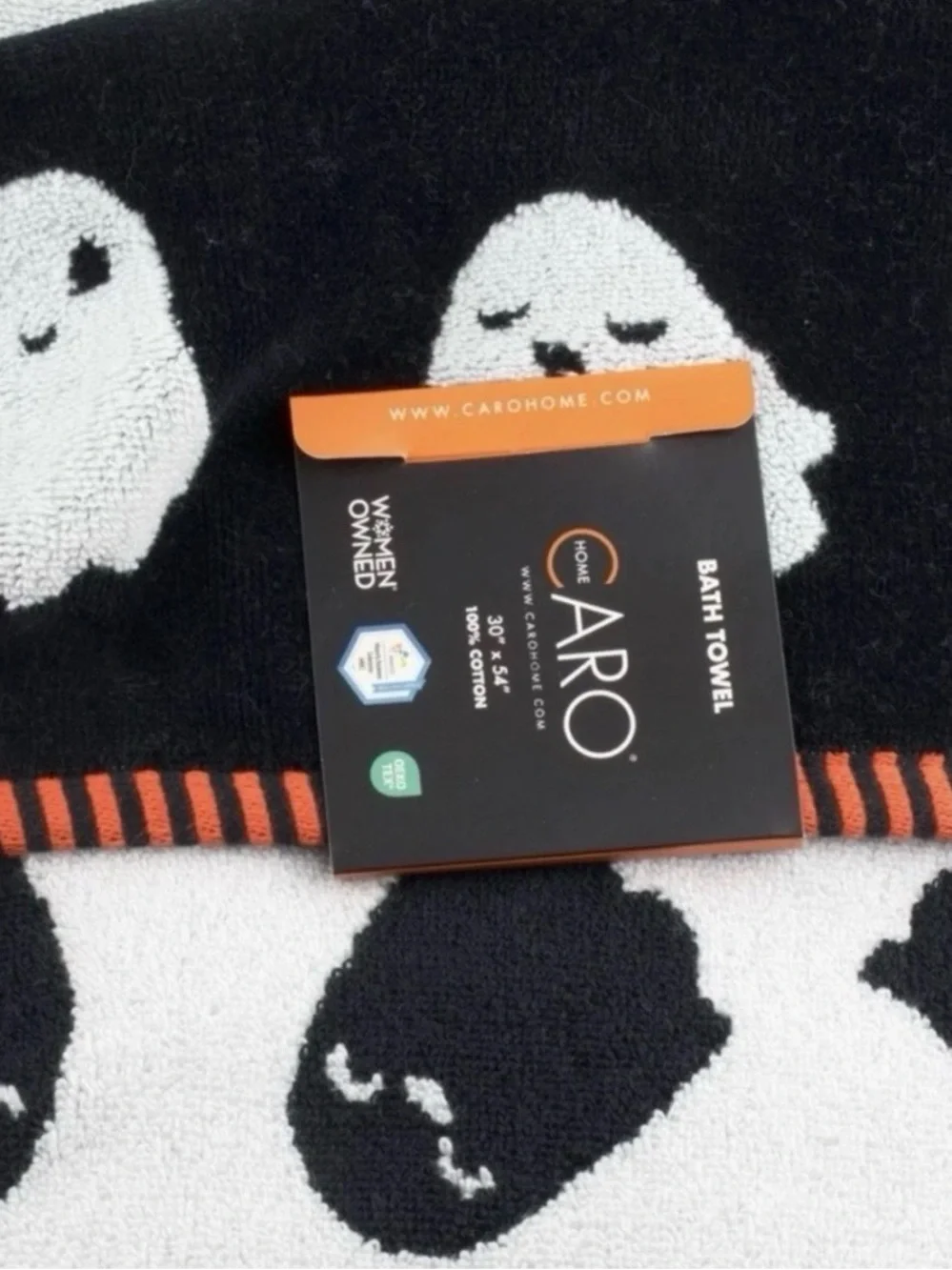 CARO Halloween Ghost Bath Towel in Black & White with Orange Trim